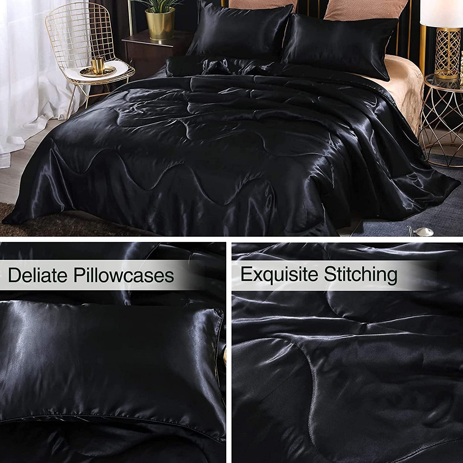 Satin Silky Soft Quilt Luxury Super Soft Microfiber Bedding Thin Comforter Set Full/Queen, Light Weighted (Black, Queen(88-By-88-Inches))