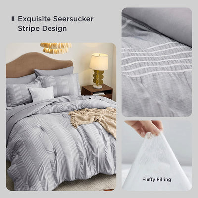 Bedsure Bed in a Bag Full - Full Size Comforter Set 7 Pieces Stripes Seersucker Bedding Set, Soft Lightweight down Alternative Comforter, Full Bed Set (Grey,Full 86 X 82 Inch)