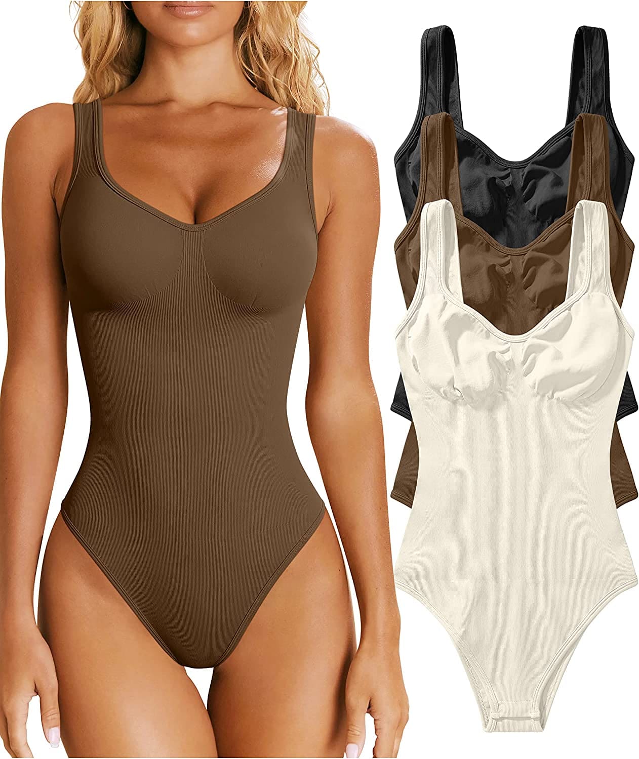 Women'S 3 Piece Bodysuits Sexy Ribbed Sleeveless Shapewear Tank Tops Bodysuits