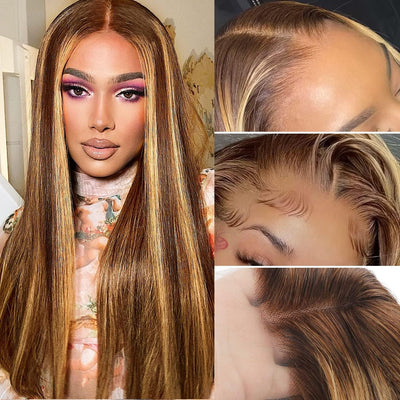 Highlight Ombre Lace Front Wig Human Hair Pre Plucked 13X4 Colored 4/27 HD Lace Frontal Human Hair Wigs Honey Blonde Straight Lace Front Wigs Human Hair 180% Density Human Hair Wigs for Black Women 18 Inch