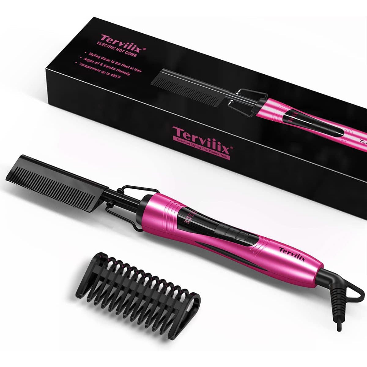 Hot Comb Electric, Pressing Combs for Black Hair, Wigs & Beard, Anti-Scald Straightening Comb with Keratin & Argan Oil Infused Teeth, Temperatures Adjustable, 60 Min Auto Shut off Pink