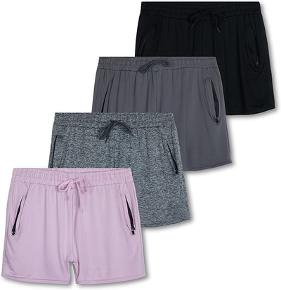 4 Pack: Womens Active Athletic Performance Dry-Fit Shorts with Zipper Pockets (Available in plus Size)