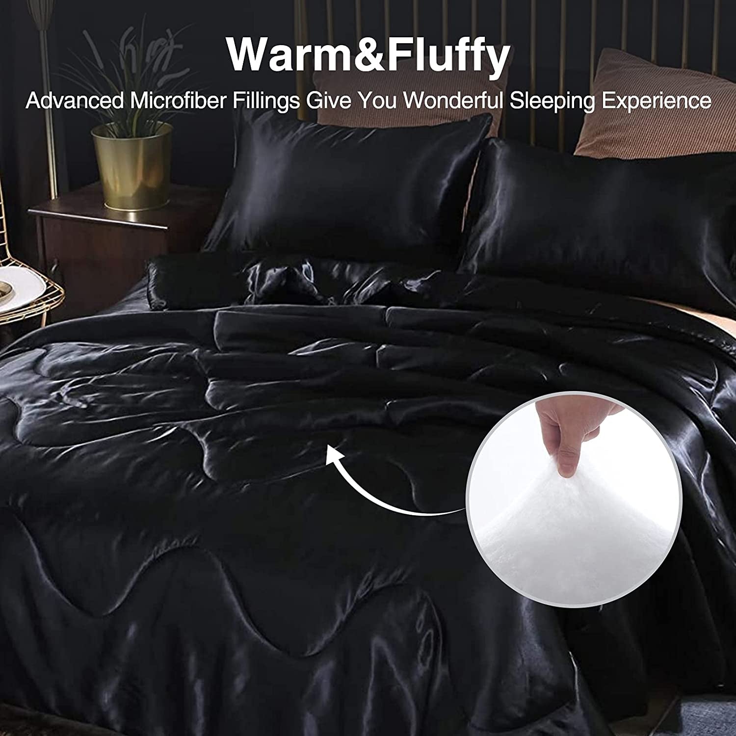 Satin Silky Soft Quilt Luxury Super Soft Microfiber Bedding Thin Comforter Set Full/Queen, Light Weighted (Black, Queen(88-By-88-Inches))