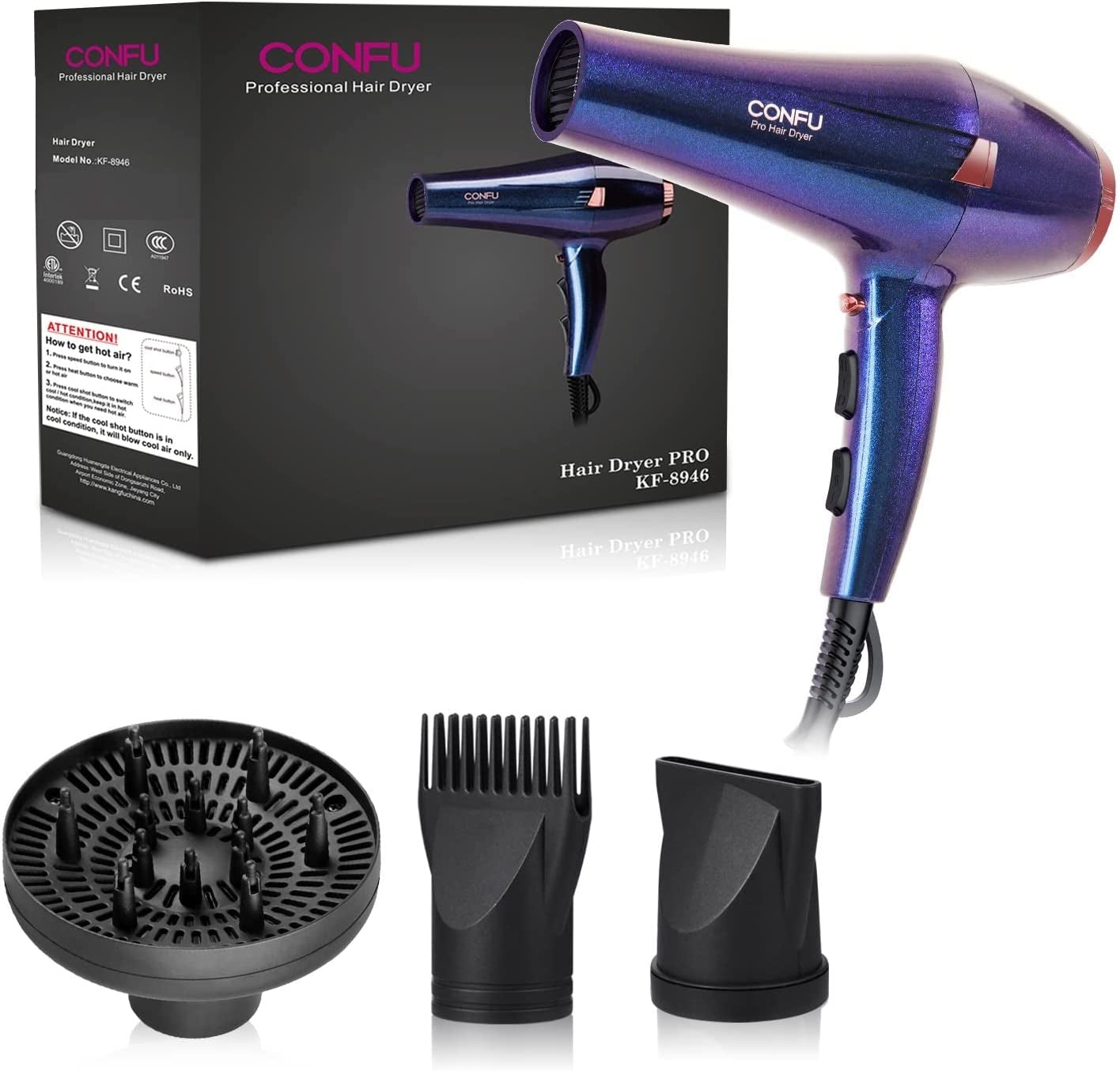 Professional Hair Dryer, Compact Blow Dryer, Negative Ionic Hair Dryer with Diffuser and Concentrator, for Quick Drying, ETL Certified, Purple