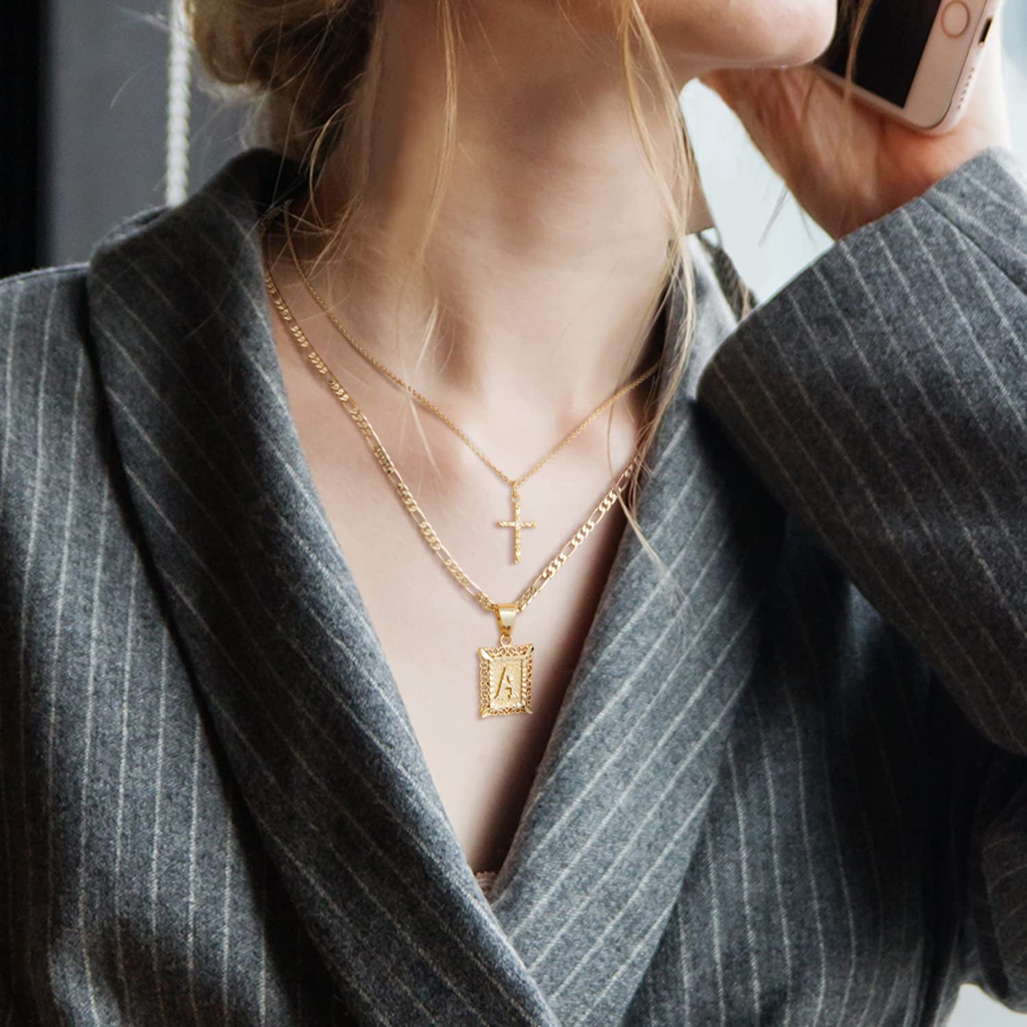 Gold Layered Initial Cross Necklace, 14K Gold Plated Layering Square Letter Pendant Figaro Chain Cross Choker from A-Z Capital Jewelry for Women Girls