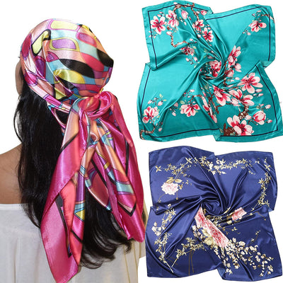 35” Large Satin Square Head Scarf - 2Pcs Silk like Floral Head Scarves Square Satin Hair Scarf Bandanas for Women