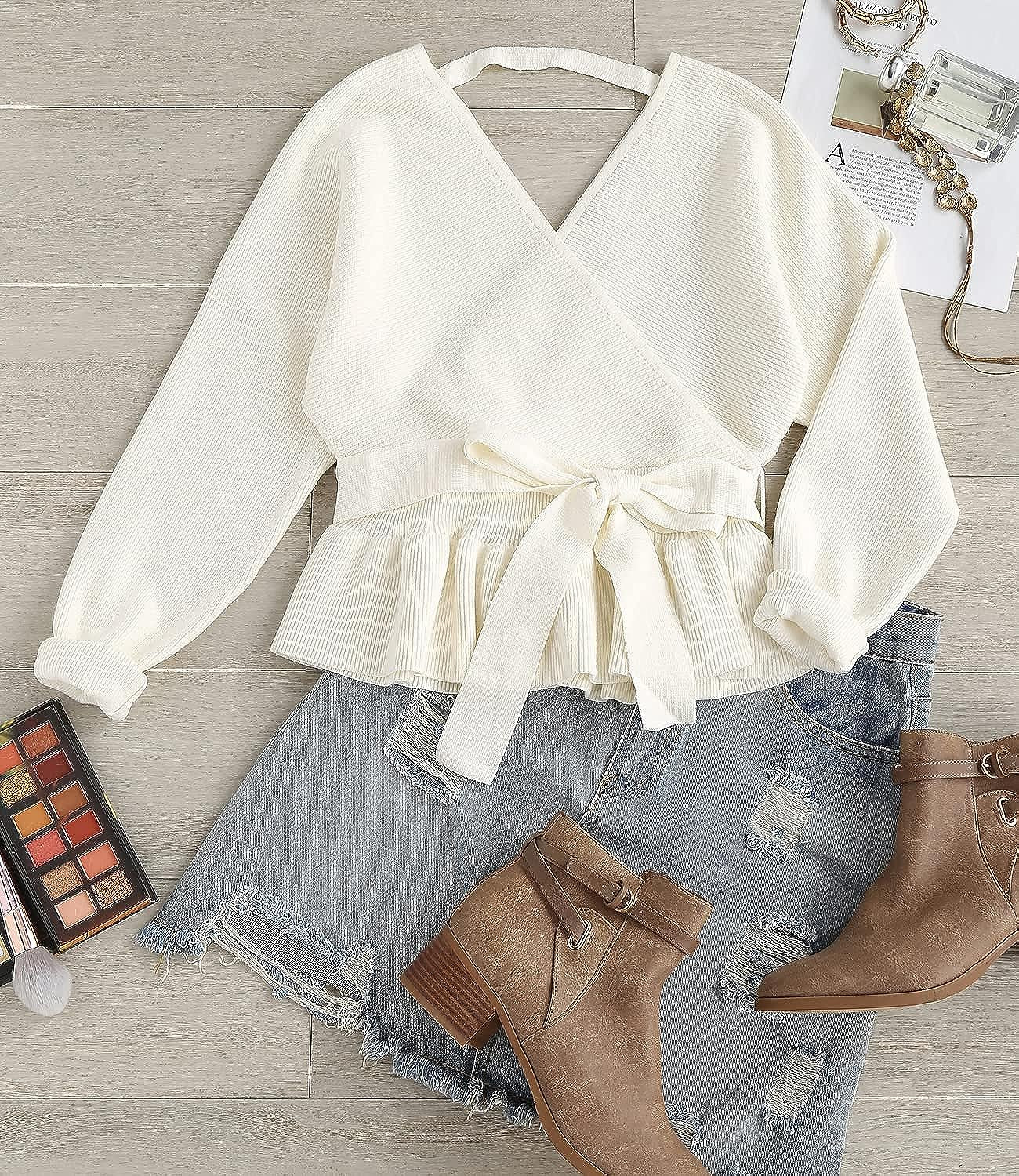 Women'S 2023 Fall Wrap V Neck Long Batwing Sleeve Belted Waist Ruffle Knitted Sweater Pullover Top