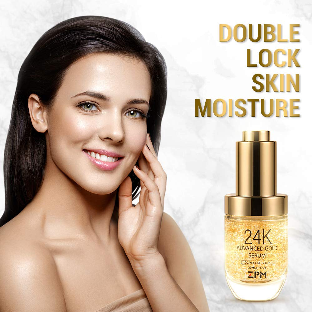 24K Gold anti Aging Face Serum Moisturizer Enriched with Vitamin C Serum, Hyaluronic Acid, Vitamin E Cream for Day and Night Wrinkle Reduction, Re-Activate Skin Youth (1FL.OZ)