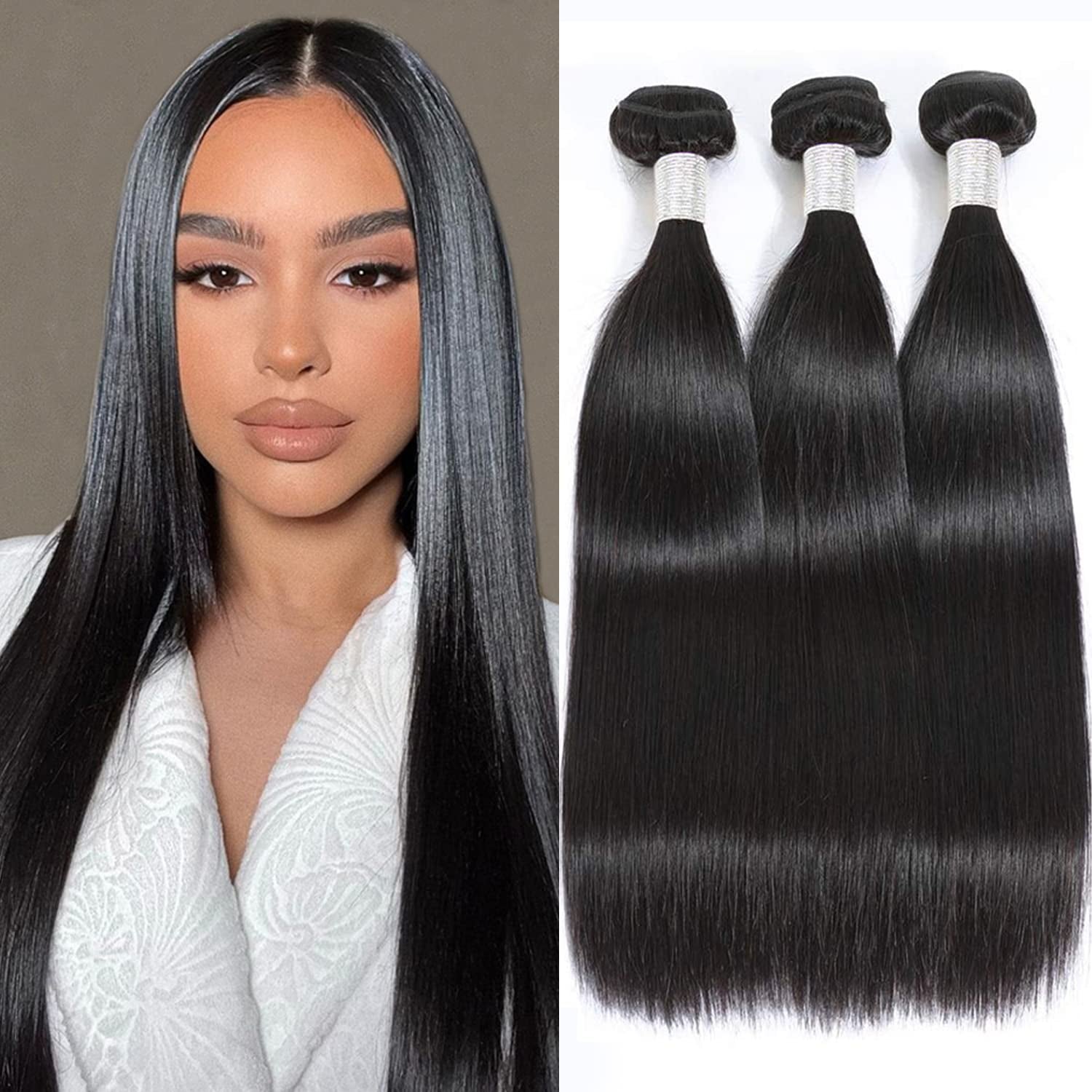 10A Straight Bundles Human Hair 24 26 28 Inch Brazilian Straight Human Hair Bundles 100% Unprocessed Virgin Weave Bundles Human Hair 3 Bundles Natural Black Color