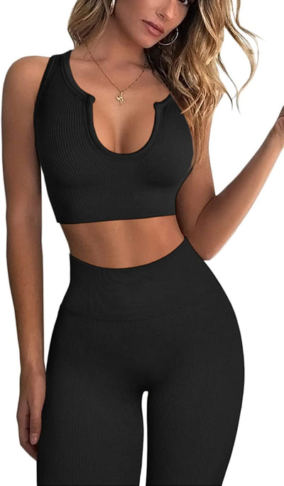 Workout Outfits for Women 2 Piece Ribbed Seamless Crop Tank High Waist Yoga Leggings Sets