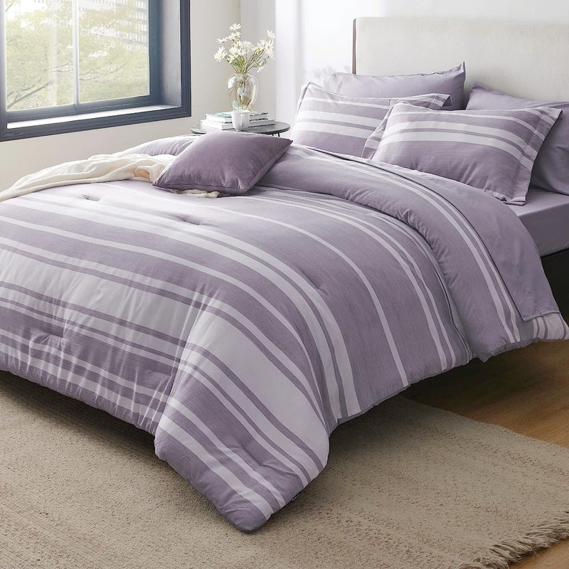 Bedsure Bed in a Bag Full Size 7 Pieces, Purple White Striped Bedding Comforter Sets All Season Bed Set, 2 Pillow Shams, Flat Sheet, Fitted Sheet and 2 Pillowcases