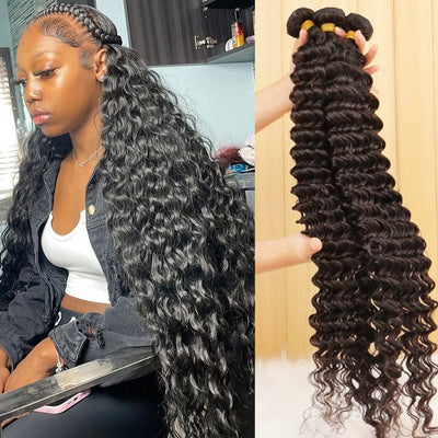 Brazilian Deep Wave Human Hair Bundles 9A 100% Unprocessed Virgin Remy Hair Deep Curly Human Hair Weave 4 Bundles Extensions for Black Women Natural Color 24 26 28 30