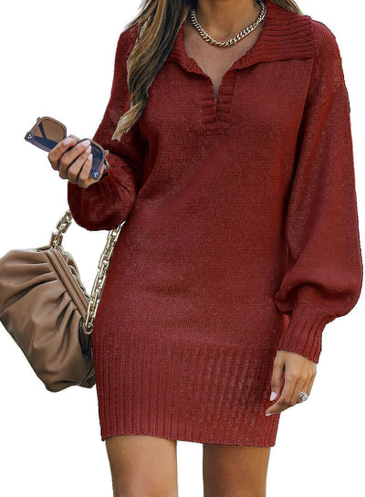 Women Casual V Neck Knit Mini Fall Sweater Dresses Long Sleeve Loose Fit Solid Color Ribbed Pullover Jumper Sweaters