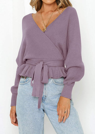 Women'S 2023 Fall Wrap V Neck Long Batwing Sleeve Belted Waist Ruffle Knitted Sweater Pullover Top
