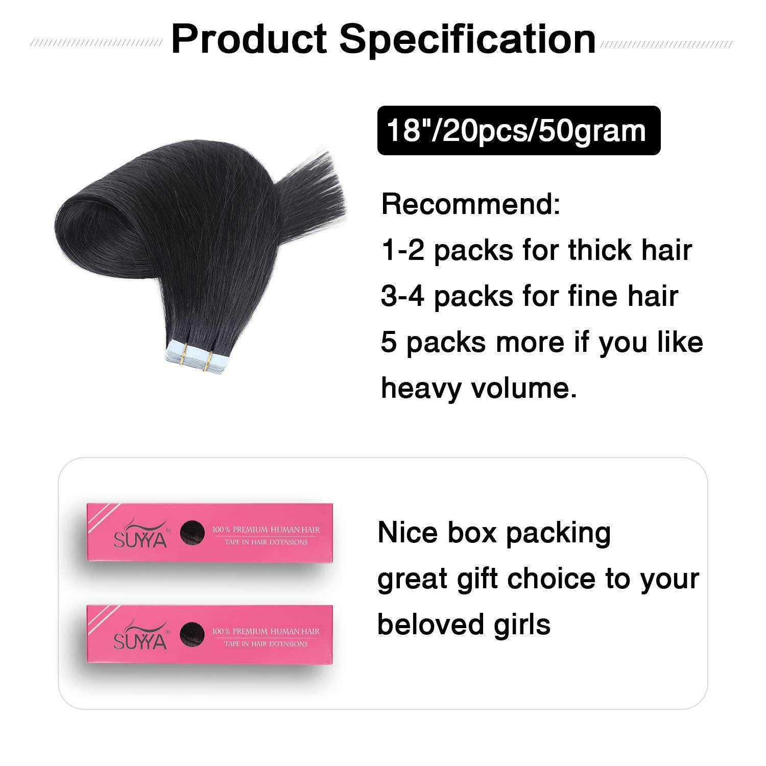 Tape in Hair Extensions Human Hair 18 Inches 50G/Pack 20Pcs Straight Seamless Skin Weft Jet Black Tape Hair Extensions (18 Inches #1 Jet Black)