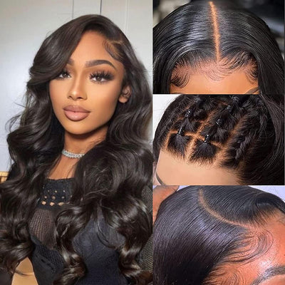Body Wave Closure Wigs Human Hair 150% Density Glueless Wigs Human Hair Pre Plucked with Baby Hair 4X4 HD Transparent Lace Front Wigs for Black Women Bleached Knots Natural Color 16 Inch