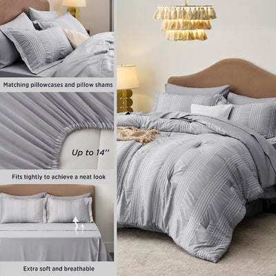 Bedsure Bed in a Bag Full - Full Size Comforter Set 7 Pieces Stripes Seersucker Bedding Set, Soft Lightweight down Alternative Comforter, Full Bed Set (Grey,Full 86 X 82 Inch)
