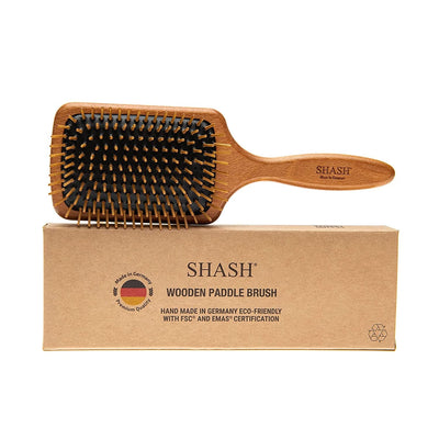 Since 1869 Hand Made in Germany - SUSTAINABLE Wooden Paddle Brush, Gently Detangles, Styles, Smooths and Conditions Hair, Minimizes Frizz and Breakage, Safe for All Hair Types, Wet or Dry, Eco-Sourced Wood, Wooden Bristles.