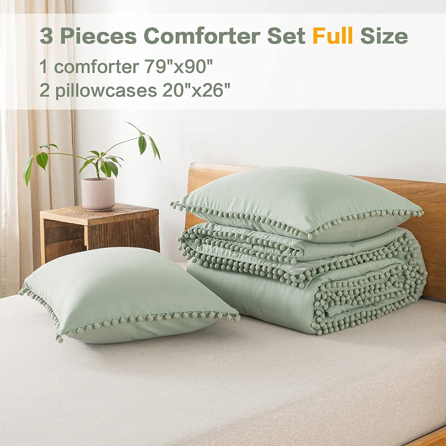 Sage Green Pom Pom Fringe Comforter Full(79X90 Inch), 3 Pieces(1 Boho Comforter and 2 Pillowcases) Aesthetic and Lightweight Microfiber down Alternative Bedding Set