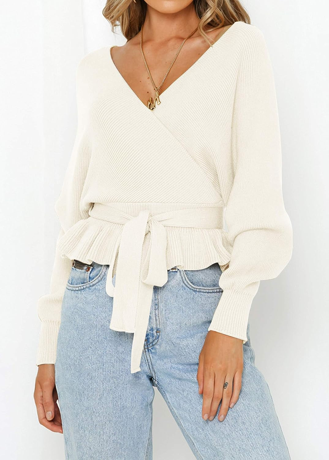 Women'S 2023 Fall Wrap V Neck Long Batwing Sleeve Belted Waist Ruffle Knitted Sweater Pullover Top