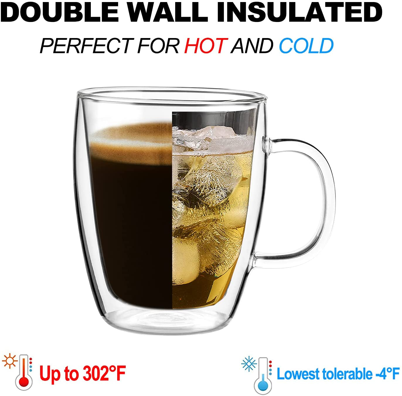 Double Wall Coffee Mugs, (4-Pcak) 16 Ounces-Clear Glass with Handle,Insulated,Cappuccino,Tea ,Latte Cups,Beverage Glasses Heat Resistant