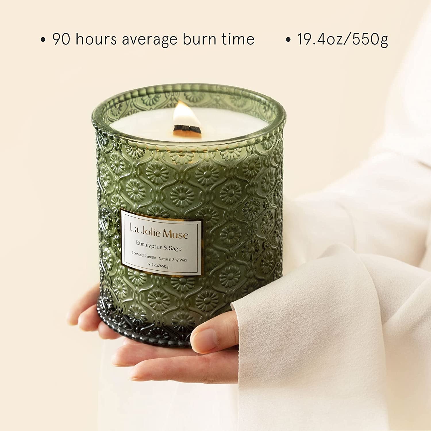 Scented Candles Eucalyptus & Sage, Large Wood Wicked Candles, Decorative Candles in Glass, Natural Soy Wax, 19.4Oz 90Hours
