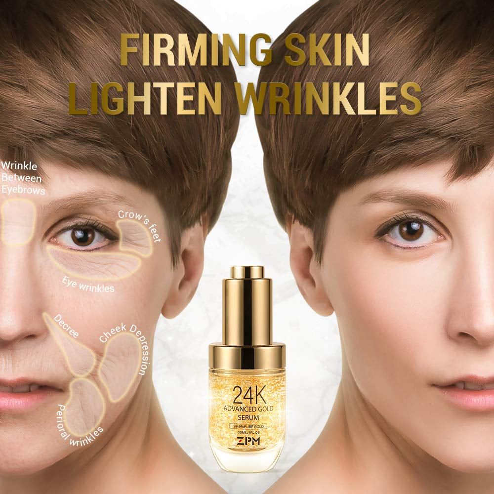 24K Gold anti Aging Face Serum Moisturizer Enriched with Vitamin C Serum, Hyaluronic Acid, Vitamin E Cream for Day and Night Wrinkle Reduction, Re-Activate Skin Youth (1FL.OZ)