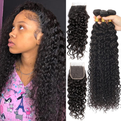 Malaysian Water Wave Human Hair Bundles with 4X4 Lace Closure Wet and Wavy Bundles with Closure Water Curly Weave Human Hair with Closure(18 20 22+16‘’4X4 Lace Closure)