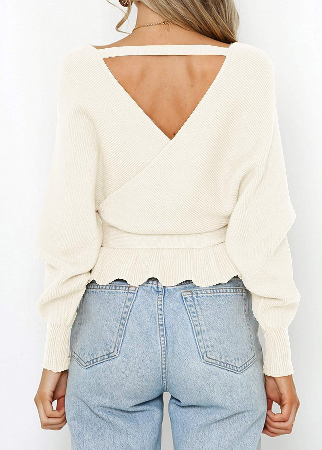 Women'S 2023 Fall Wrap V Neck Long Batwing Sleeve Belted Waist Ruffle Knitted Sweater Pullover Top