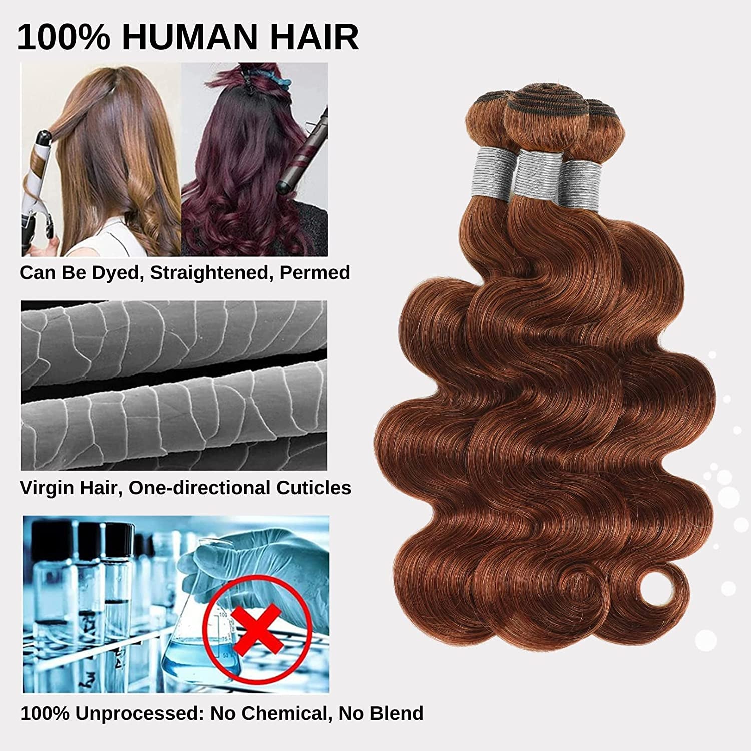 Reddish Brown Bundles Body Wave Bundles Human Hair Red Brown Colored 10A Brazilian Virgin Remy Wavy Hair Bundles Auburn Brown Copper Red Soft Thick Sew in Weave 3 Bundles 33B Color 14 16 18 Inch
