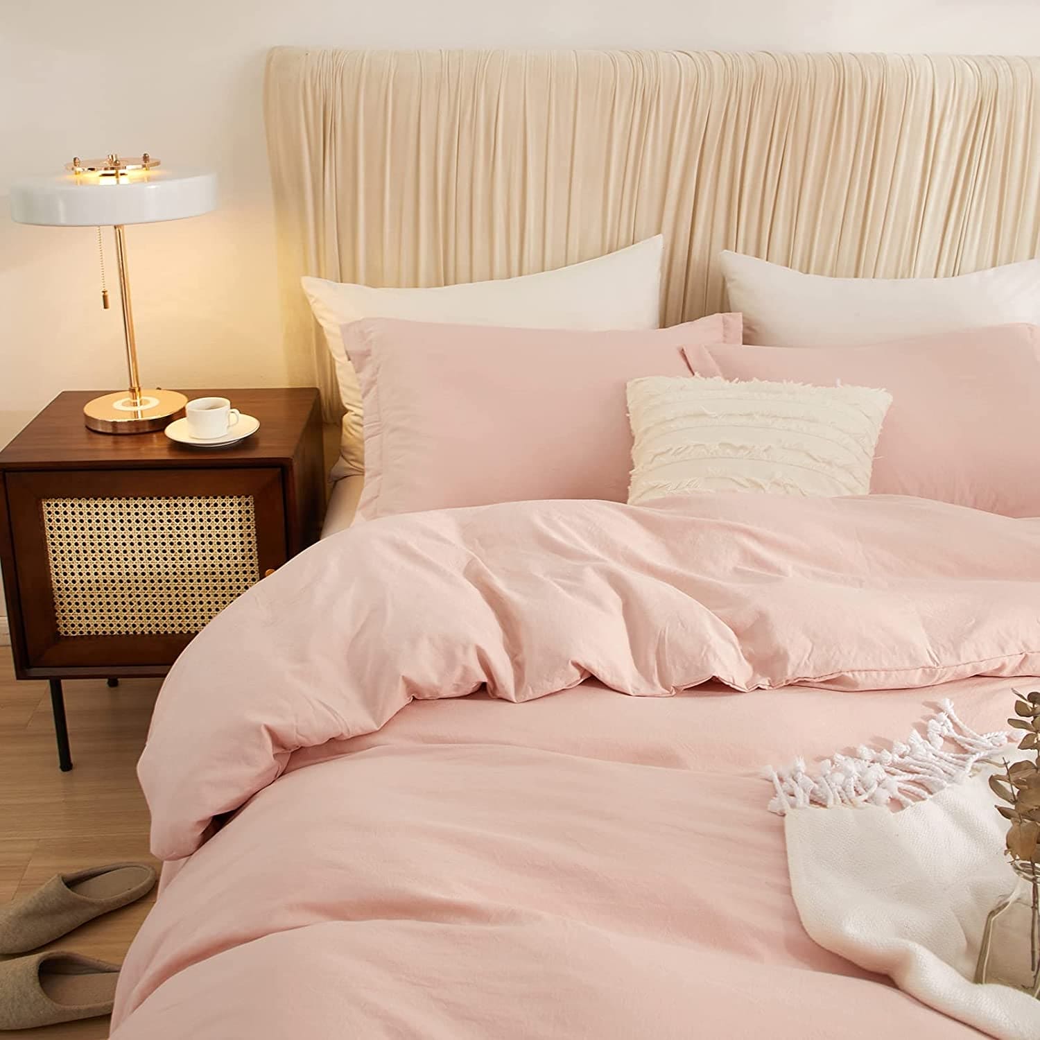 Pink Duvet Cover Queen Full Bedding Sets Washed Microfiber Blush Comforter Protector Cover, 3 Pieces Boho Style Solid Pink Quilt Cover Set, 1 Pink Queen Duvet Cover 90X90 and 2 Pillow Shams