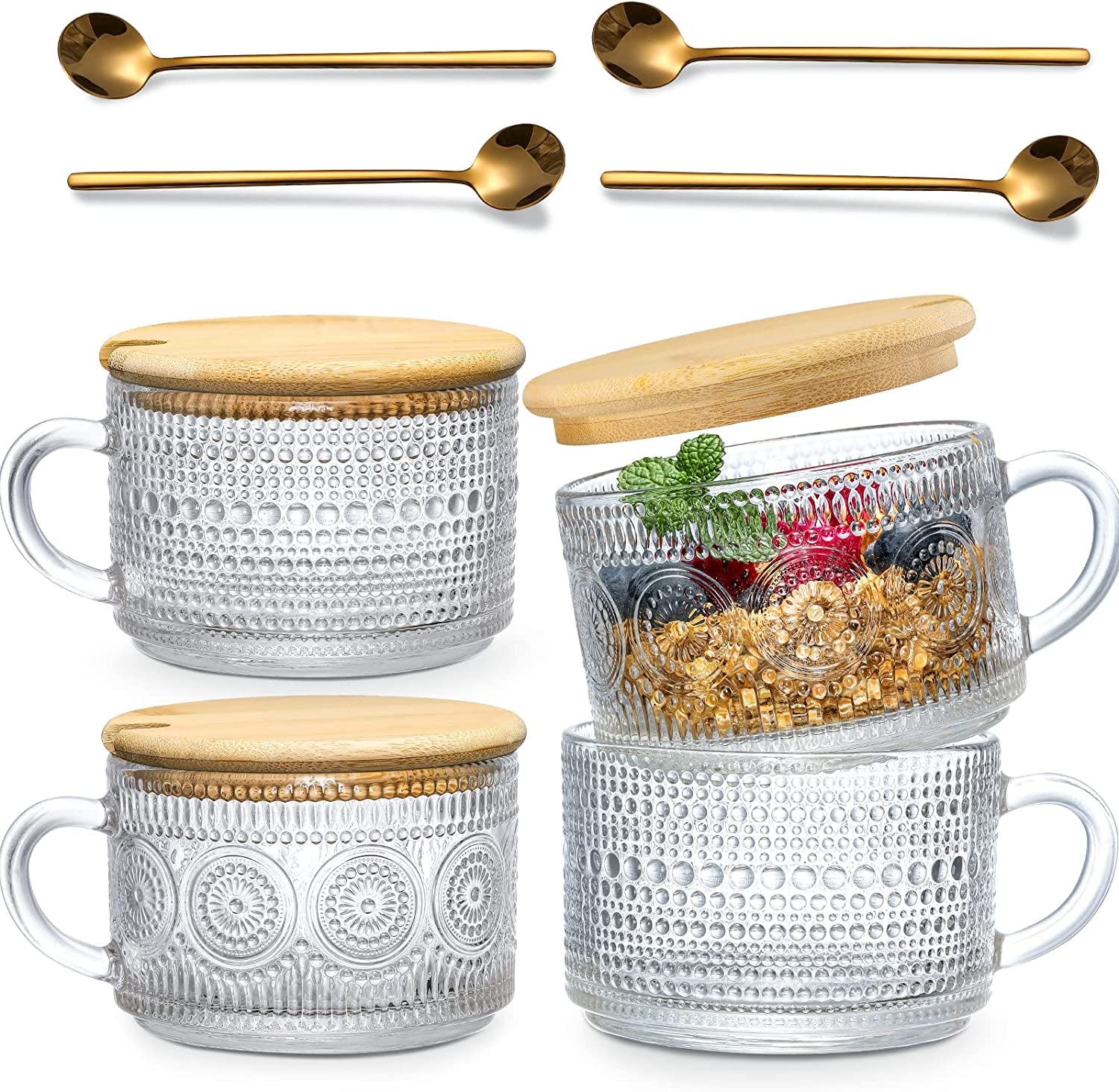 4Pcs Set Vintage Coffee Mugs, Overnight Oats Containers with Bamboo Lids and Spoons - 14Oz Clear Embossed Glass Cups, Cute Coffee Bar Accessories, Iced Coffee Glasses, Ideal for Cappuccino, Tea, Latte