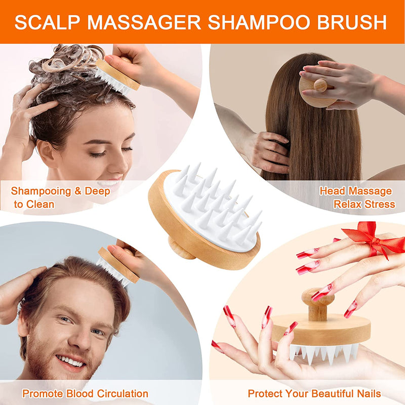 Scalp Massager Hair Brush,Scalp Scrubber Shampoo Brush with Soft Silicone Bristles,Wooden Scalp Massager Hair Growth for Dandruff Removal,Wet Dry Hair Massager Scalp Brush for Men Women Kids Pet,Round