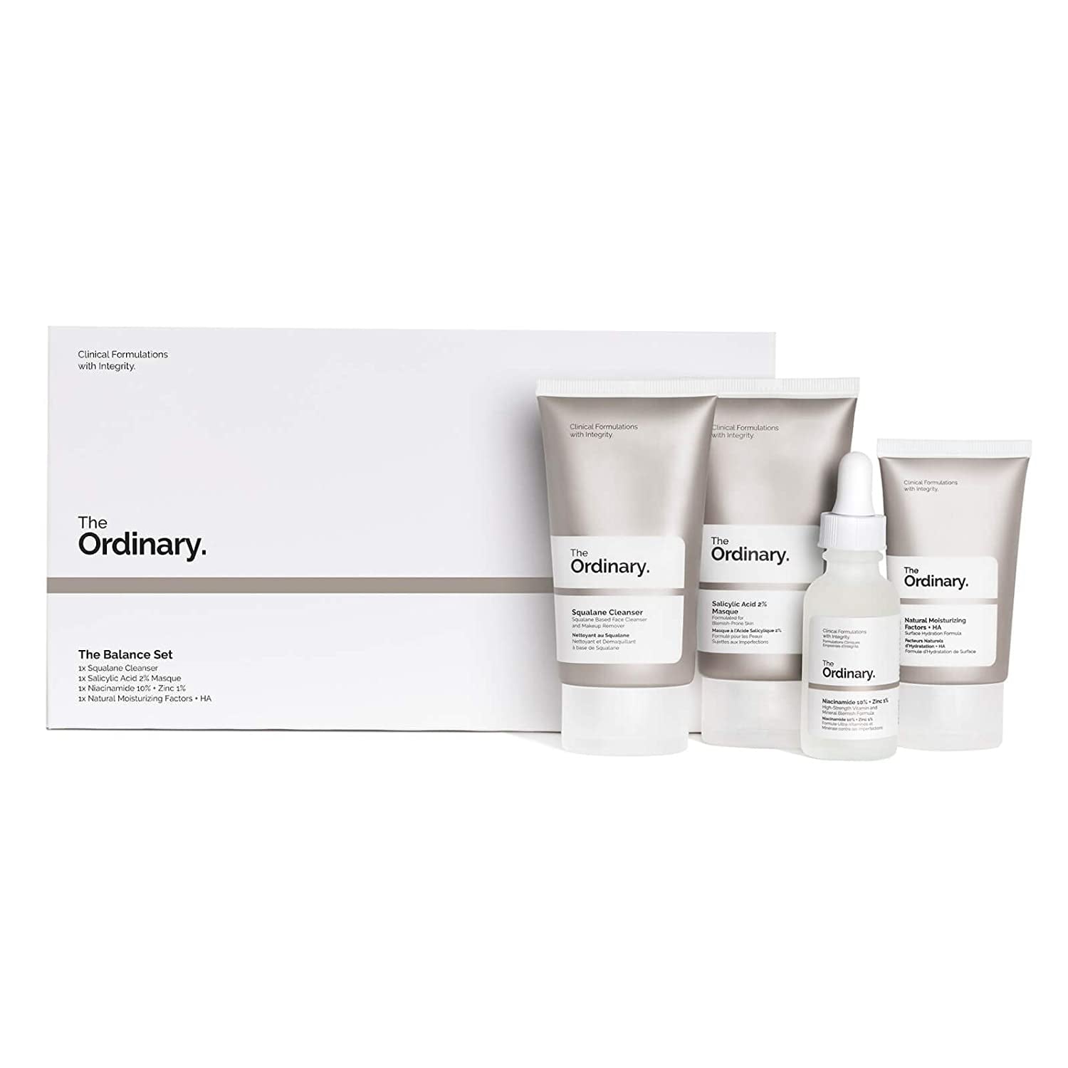 the Balance Set (4 Pcs: Squalance Cleanser + Salicylic Acid 2% Masque + Niacinamide 10% + Zinc 1% + Natural Moisturizing Factors + HA)
