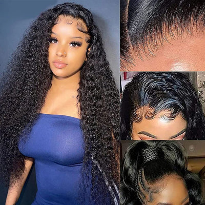 Aomllute Deep Wave Lace Front Wigs Human Hair 13X4 HD Transparent Lace Frontal Wigs for Black Women Glueless Curly Lace Front Wigs Pre Plucked Brazilian Human Hair Wigs Natural Color 20 Inch