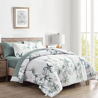 7 Pieces Bed in a Bag Queen Comforter Set with Sheets, Green Leaves on White Botanical Design Bedding Sets for All Season (1 Comforter, 2 Pillow Shams, 1 Flat Sheet, 1 Fitted Sheet, 2 Pillowcases)