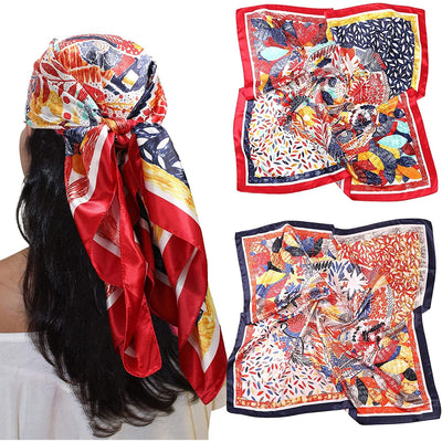 35” Large Satin Square Head Scarf - 2Pcs Silk like Floral Head Scarves Square Satin Hair Scarf Bandanas for Women