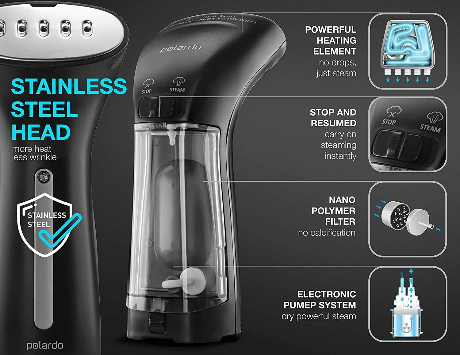 Steamer for Clothes, Hand Held Portable Travel Garment Steamer, Metal Steam Head, 25S Heat Up, Pump System, Mini Size, Handheld Steamer for Any Fabrics, No Water Spitting, 120V Black