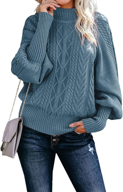 Womens Winter Casual Long Sleeve Solid Color Cable Knit Balloon Sleeve Mock Neck Sweater