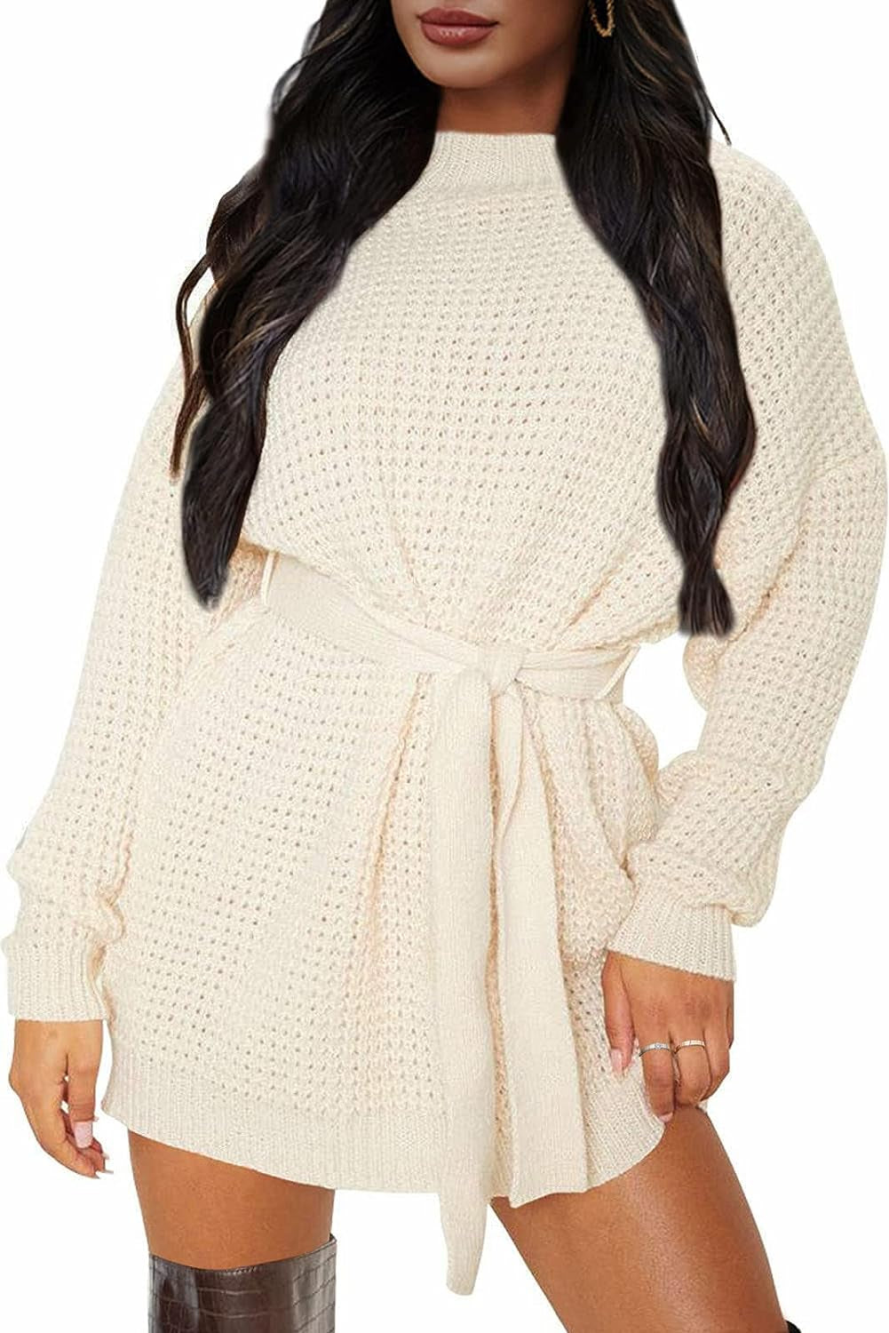 Women'S 2023 Fall Long Sleeve Solid Color Waffle Knitted Tie Wasit Tunic Pullover Sweater Dress