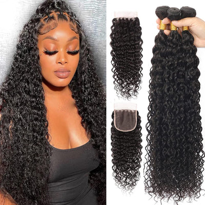 Water Wave 4 Bundles with Closure (18 20 22 24+16) Wet and Wavy Bundles with Closure Virgin Human Hair for Black Woman 100% Unprocessed Curly Weave Human Hair Extensions Natural Color