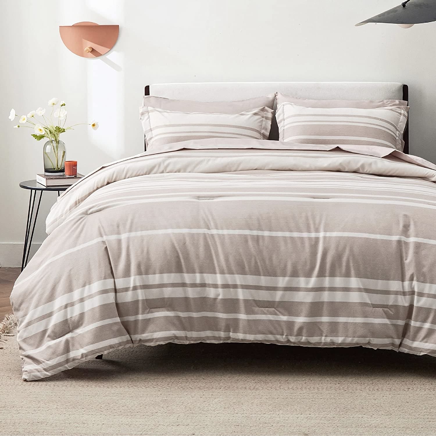 Bedsure Bed in a Bag Full Size 7 Pieces, Khaki White Striped Bedding Comforter Sets All Season Bed Set, 2 Pillow Shams, Flat Sheet, Fitted Sheet and 2 Pillowcases