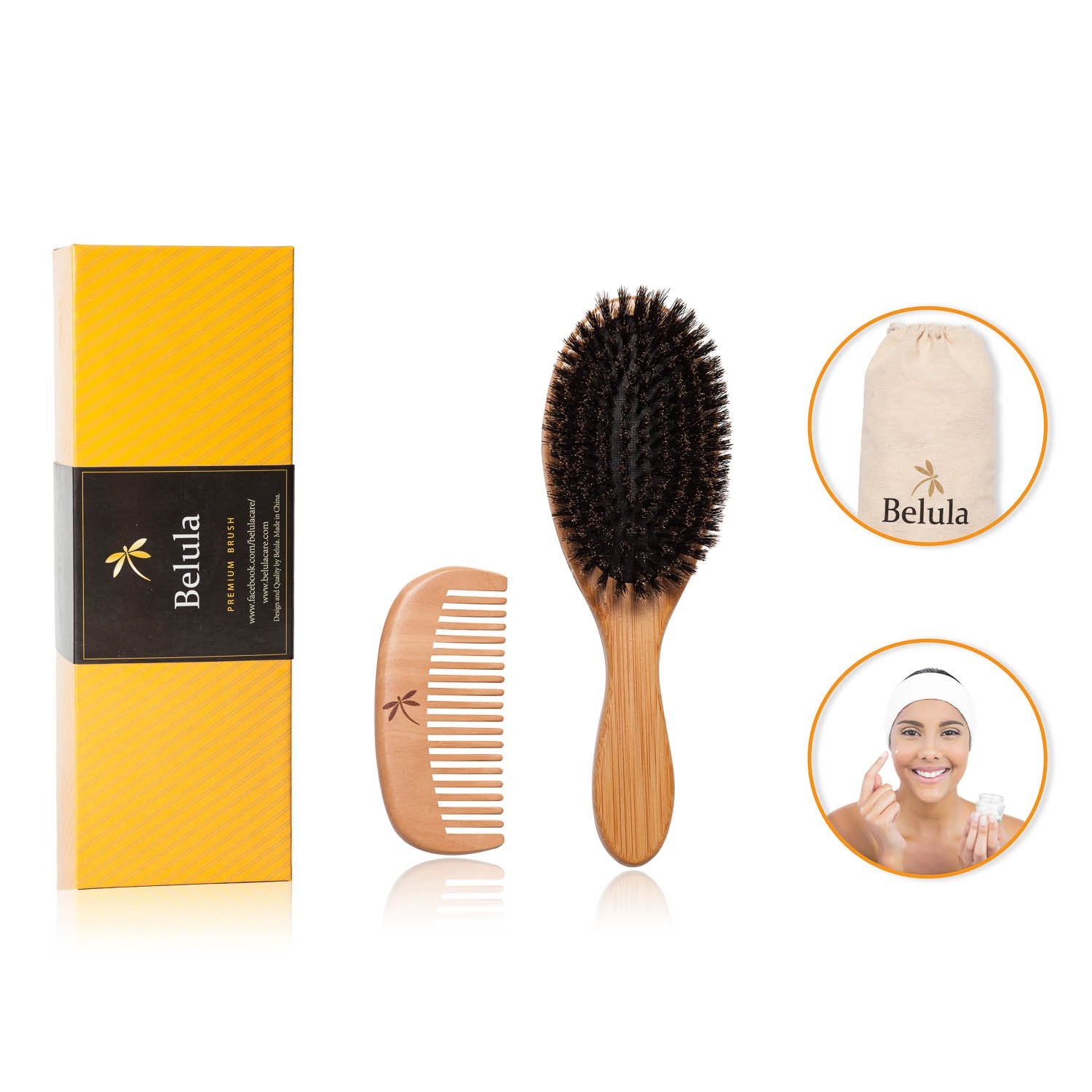 Belula 100% Boar Bristle Hair Brush Set (Medium). Soft Natural Bristles for Thin and Fine Hair. Restore Shine and Texture. Wooden Comb, Travel Bag and Spa Headband Included!