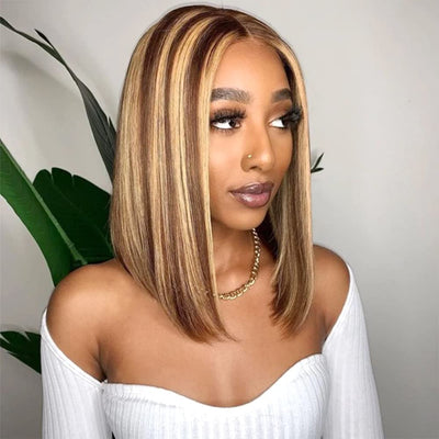 Highlight Bob Wig Human Hair 13X4 Frontal Lace Wig Ombre 4/27 Bob Lace Front Wigs Human Hair Bob Wigs for Women Human Hair Transparent HD Lace Honey Blonde Wig Pre Plucked (12 Inch)