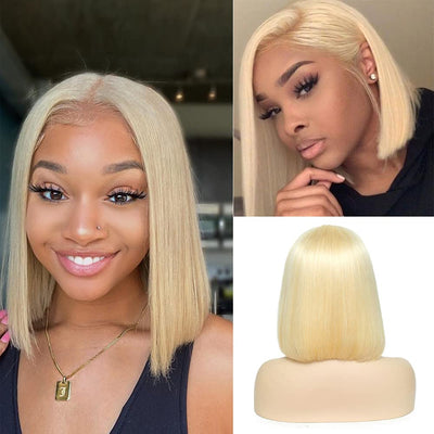Blonde Bob Wig Human Hair 13X4 Lace Front Wigs Pre Plucked Bleached Knots 150% Density 613 Lace Front Wig Human Hair Straight Short Bob Wigs Human Hair Lace Frontal Wigs for Women 10Inch
