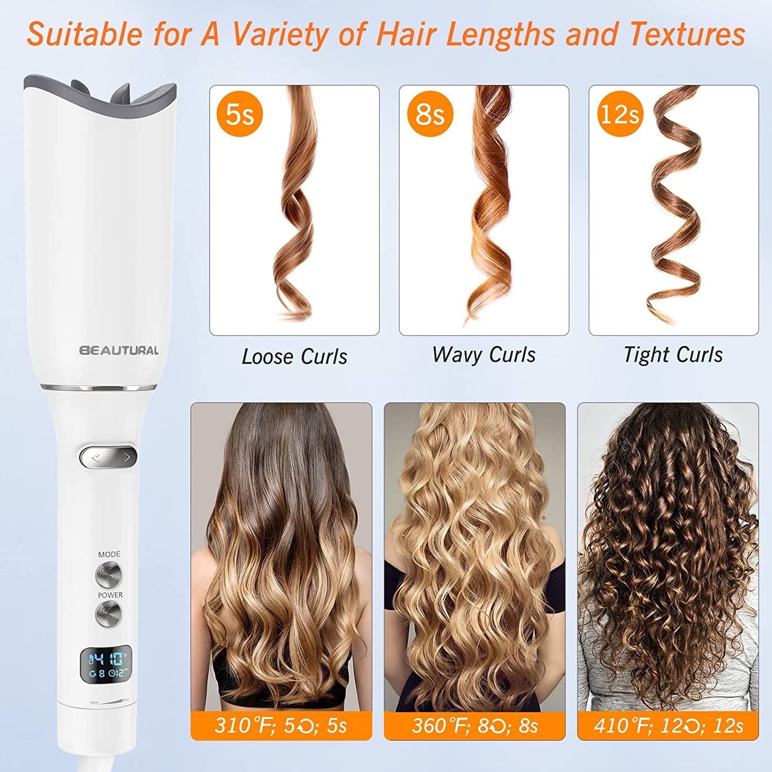Automatic Hair Curler, Portable Auto Hair Curling Iron Wand with LCD Display, Adjustable 5 Temperature, 13 Curls and 10 Timer Settings, Fast Heating for Hair Styling