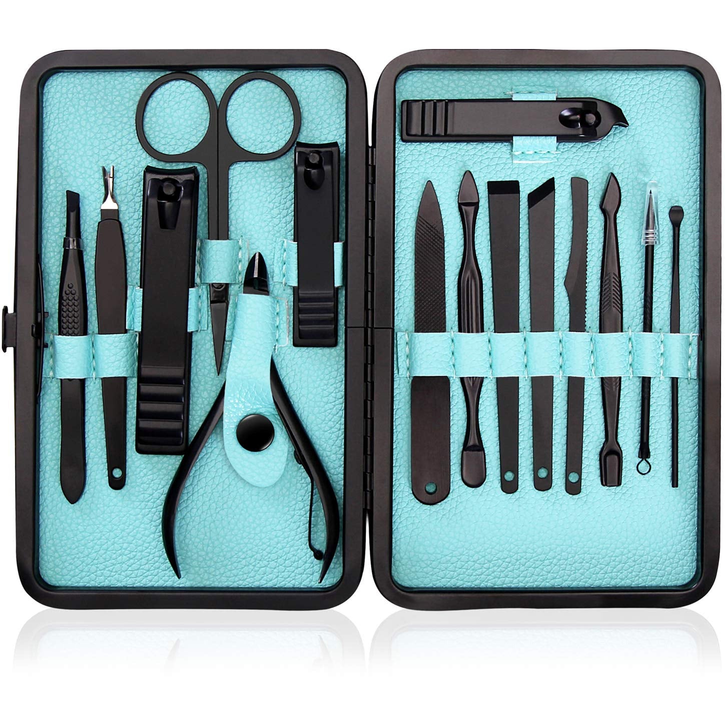15 Pieces Manicure Set - Stainless Steel Manicure Nail Clippers Pedicure Kit - Professional Grooming Kits, Nail Care Tools with Luxurious Travel Case (Black)