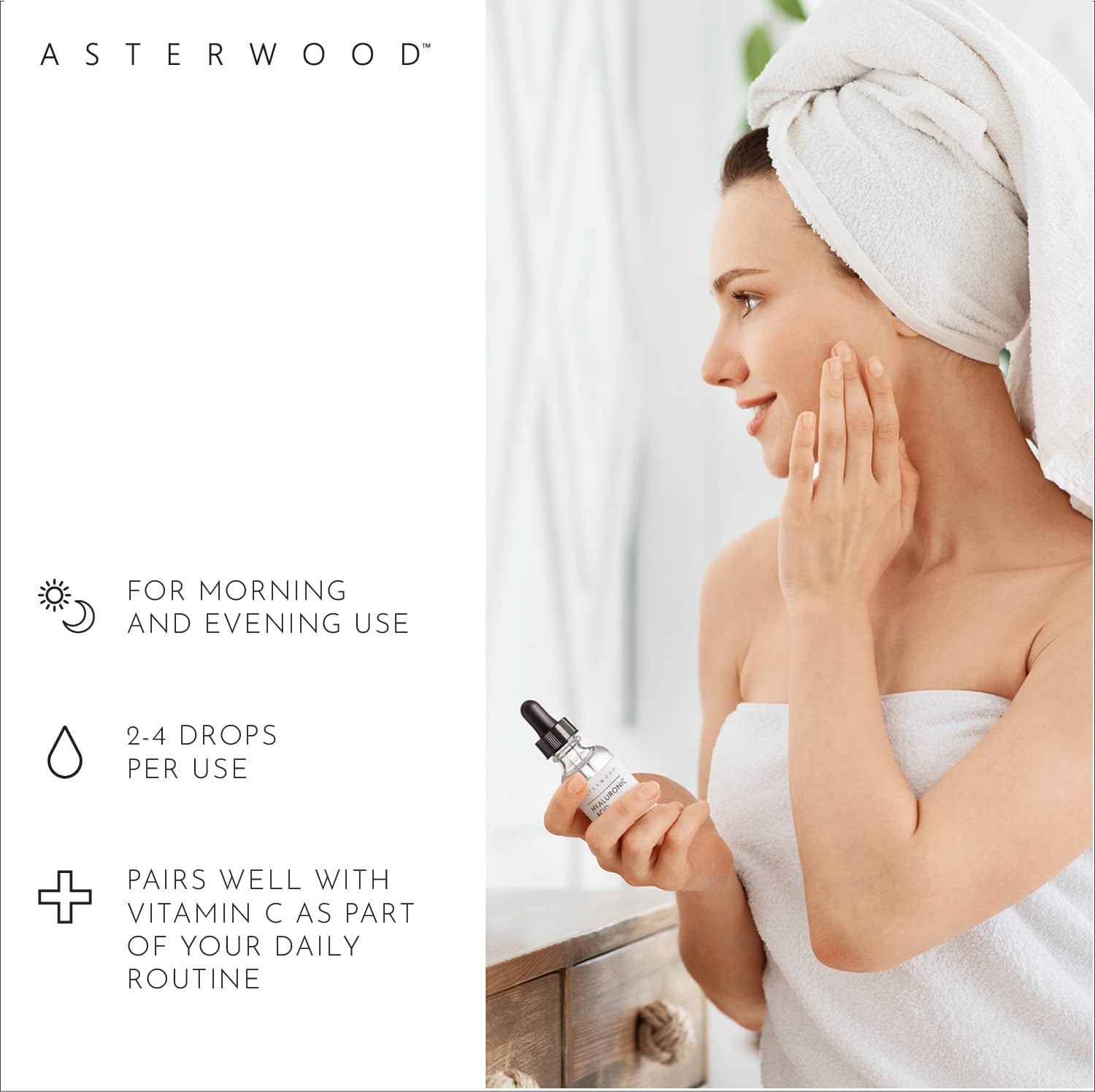 Asterwood Pure Hyaluronic Acid Serum for Face (237 Ml/8 Oz); Plumping Anti-Aging Face Serum, Hydrating Facial Skin Care Product, Fragrance Free, Pairs Well with Vitamin C Serum & Retinol Serum