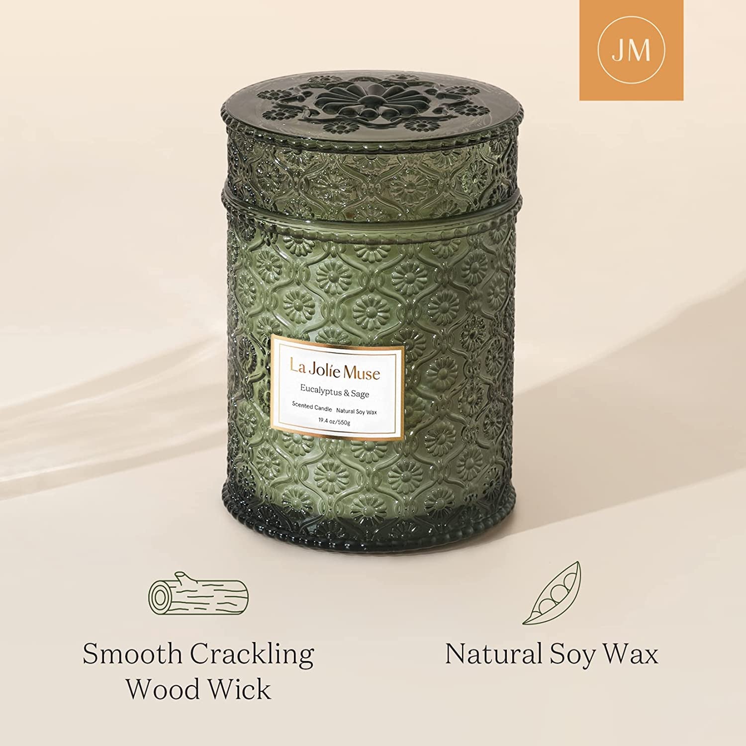 Scented Candles Eucalyptus & Sage, Large Wood Wicked Candles, Decorative Candles in Glass, Natural Soy Wax, 19.4Oz 90Hours