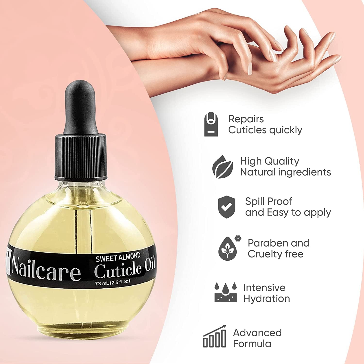C CARE Sweet Almond Cuticle Oil - Extra Large 2.5 Oz Bottle - Moisturizes and Strengthens Nails and Cuticles - Dropper & Brush Included